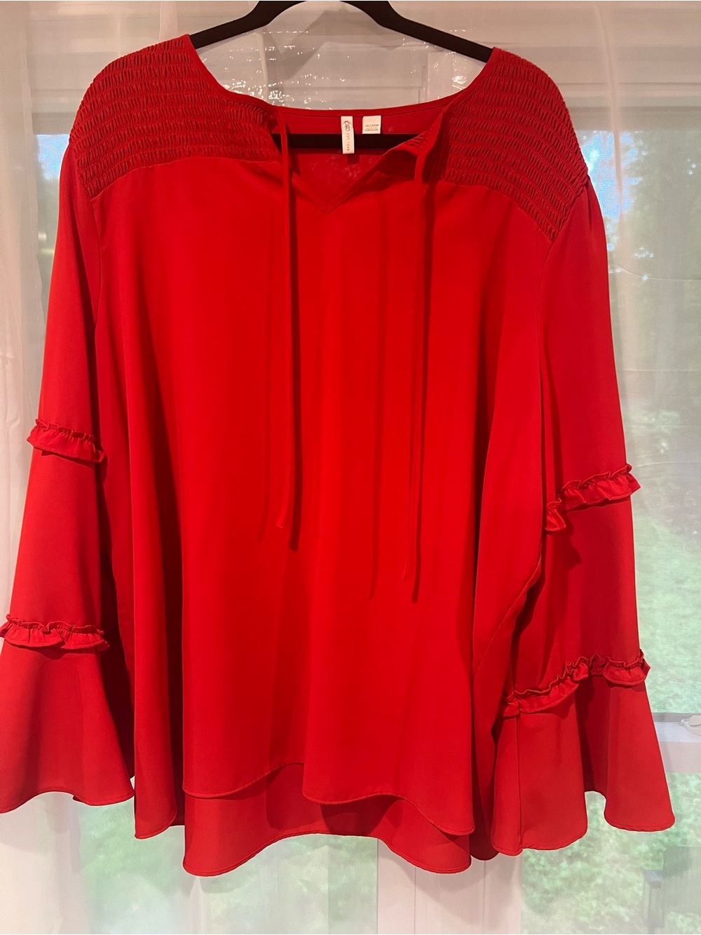 Cato Red Smocked Yoke Ruffle Sleeve Blouse